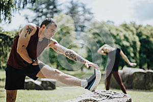 Fit couple exercising in the park, stretching on a sunny day