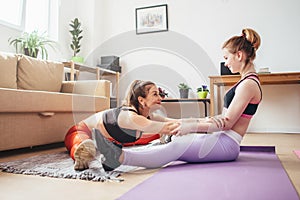 Fit females exercising and stretching at home.