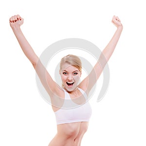 Fit fitness sport woman happy girl celebrating success isolated