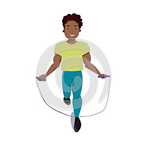 A fit man does exercises with a skipping rope in sports clothes. Flat vector illustration on a white isolated background