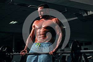 Fit man doing biceps lifting barbell. Portrait of young athlete doing exercise with dumbbell at the gym. Crossfit, sport