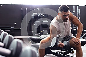 Fit and muscular man doing biceps workouts with dumbbells in gym, copy space
