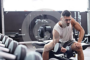 Fit and muscular man doing biceps workouts with dumbbells in gym, copy space