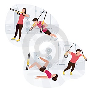 Fit people working out on trx doing bodyweight exercises. Fitness strength training workout. photo