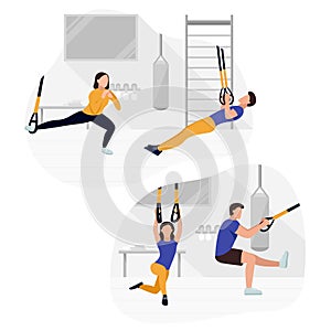 Fit people working out on trx doing bodyweight exercises. Fitness strength training workout.