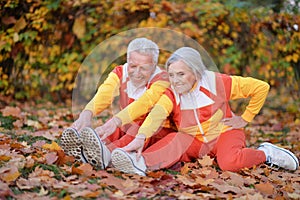 Fit senior couple exercising in autumn park