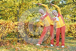 Fit senior couple exercising in autumn park