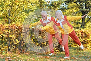 Fit senior couple exercising in autumn park