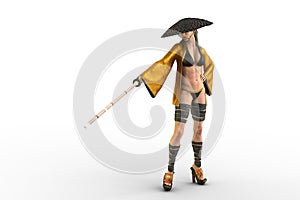 Fit and sexy martial arts girl with a Shinai training sword wearing a yellow robe and samurai hat. 3D illustration isolated on a