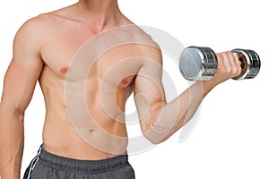 Fit shirtless man lifting dumbbell