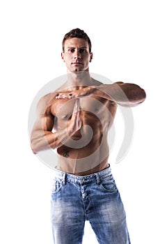 Fit shirtless muscle man gesturing time out sign with his hands