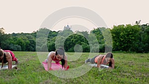 Fit woman doing plank exercise, working on abdominal midsection muscles. Fitness girl core workout in nature.