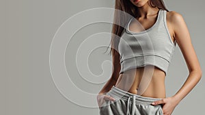 Fit Woman in Gray Sports Bra Top and Sweatpants Exercising