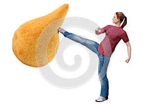 Fit young woman fighting fast food and junk food isolated on white background