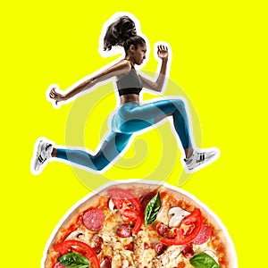 Fit young woman running from bad food on color background. Female sprinter over pizza. Healthy eating concept.