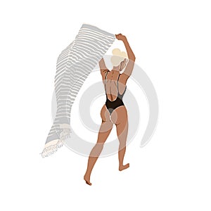 Fit young woman walks on beach. Female wearing a swimsuit. Blonde tan girl in bikini. Abstract vector illustrations