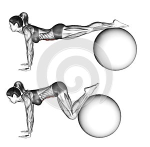 Fitball exercising. Ball pull-in. Female