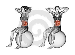 Fitball exercising. Turns torso sitting on fitball. Female