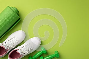 Fitness accessories concept. Top view photo of white sports shoes exercise mat and dumbbells on isolated green background with