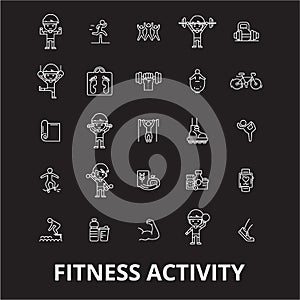 Fitness activity editable line icons vector set on black background. Fitness activity white outline illustrations, signs