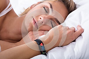 Fitness Activity Tracker On Woman`s Hand