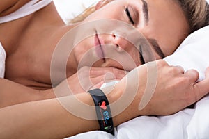 Fitness Activity Tracker On Woman`s Hand
