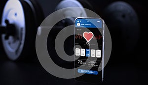 Fitness app. Smart phone screen with fitness health or sport gym mobile application on black dumbbell background. App