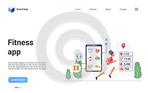 Fitness app smart technology landing page, jogging in healthy urban sport workout