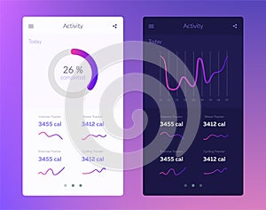 Fitness app. UI design concept with web elements of workout application for mobile and tablet devices
