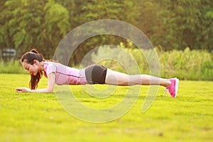 Fitness Asian Chinese woman do plank exercise