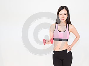 Fitness asian woman exercise workout lifting dumbbell isola