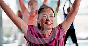 Fitness, Asian woman and senior people in class for exercise, training and cardio workout in gym studio. Sports