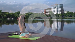 Fitness athlete stretching muscles after intensive workout