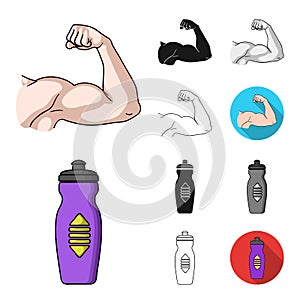 Fitness and attributes cartoon,black,flat,monochrome,outline icons in set collection for design. Fitness equipment