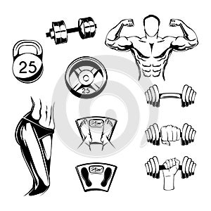 Fitness badges Set. Sport Labels, Gym icons, Woman and Man Silhouettes, Barbell and Weight Symbols. Sport equipment. Vector.