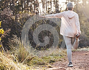 Fitness, balance or old woman in nature to start training, running exercise or hiking workout in New Zealand. Freedom