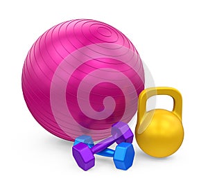 Fitness Ball, Dumbbells and Kettlebell Isolated