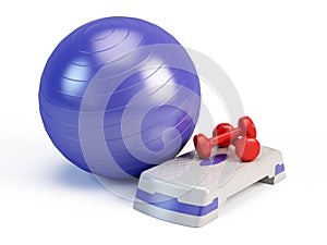 Fitness ball, weights and fitness step board