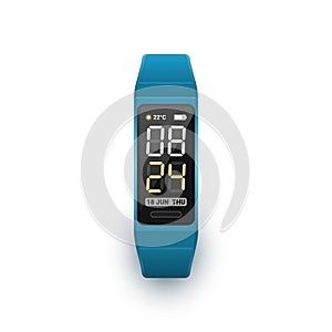 Fitness band, activity tracker or sport bracelet with digital clock app on screen. Vector illustration