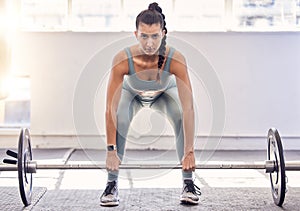 Fitness, barbell weight and portrait of a woman doing a lifting exercise for strength, health and training. Sports