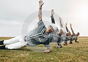 Fitness, baseball pitch and team stretching before a game or sport training on an outdoor field. Softball, health and