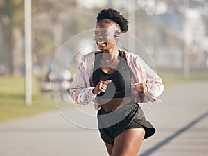 Fitness, black woman and running outdoor with music earphones for listening to radio on podcast. Sports, smile and happy