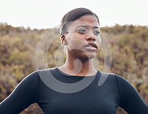 Fitness, black woman and workout in nature forest for health wellness. Training or exercise, motivation or breathing and