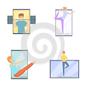 Fitness blog icons set cartoon vector. Professional instructor trainer online