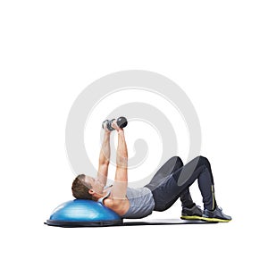 Fitness, bosu ball or man in dumbbell exercise performance for wellness in studio on white background. Strong male