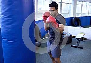 Fitness, boxing and man in gym with punching bag for exercise, workout or training for healthy body wellness. Sport