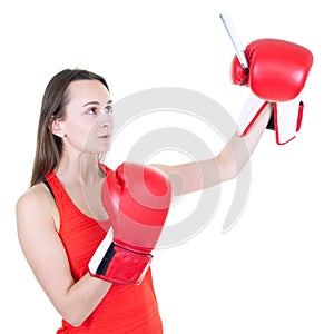 Fitness boxing woman posing isolated over white background take a selfie by mobile phone with red gloves