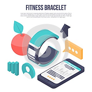 Fitness bracelet concept banner, isometric style