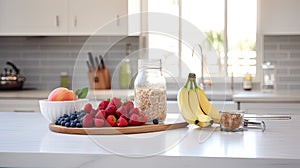 a fitness breakfast spread on a clean, minimalist kitchen countertop. wholesome ingredients and modern aesthetics