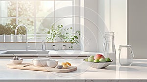 a fitness breakfast spread on a clean, minimalist kitchen countertop. wholesome ingredients and modern aesthetics